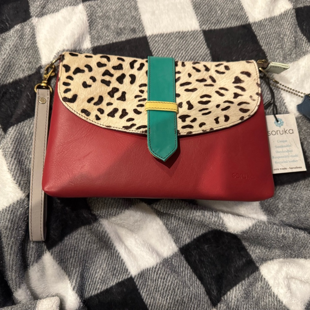 Soruka Red and Teal Clutch with Animal Print